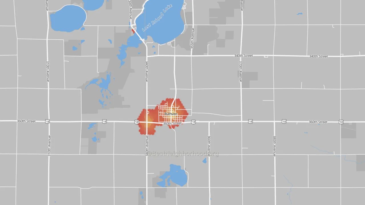 Walk Grade map of Ruthven, IA, walkable areas in green and car-dependent areas in red