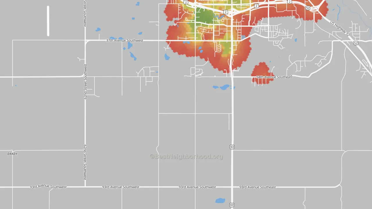 Walk Grade map of Ruthville, ND, walkable areas in green and car-dependent areas in red