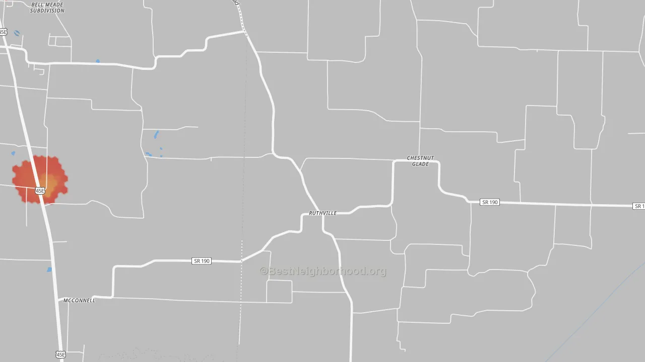 Walk Grade map of Ruthville, TN, walkable areas in green and car-dependent areas in red