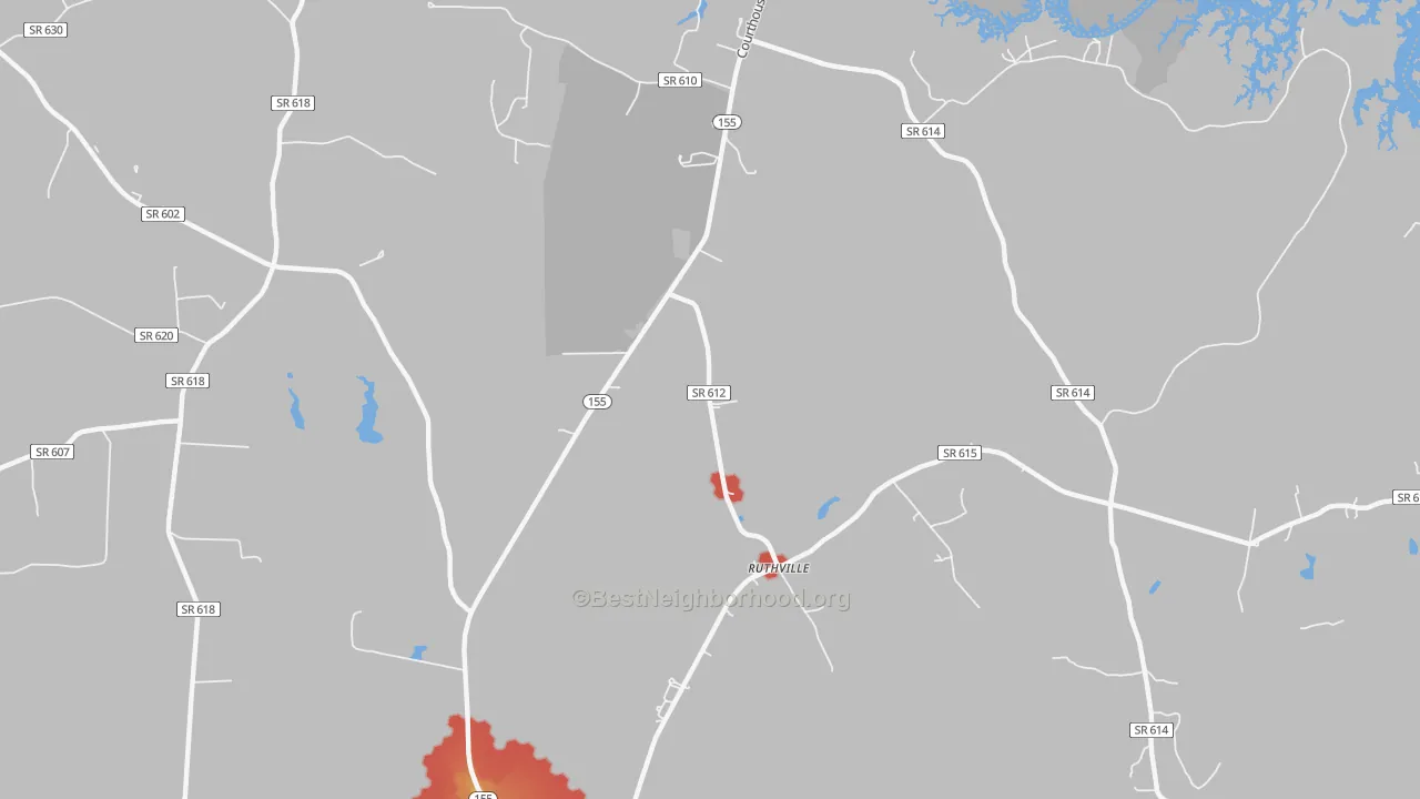 Walk Grade map of Ruthville, VA, walkable areas in green and car-dependent areas in red
