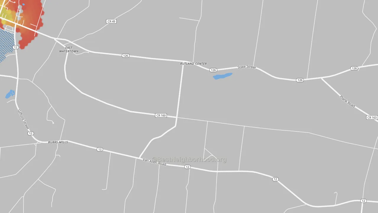 Walk Grade map of Rutland Center, NY, walkable areas in green and car-dependent areas in red