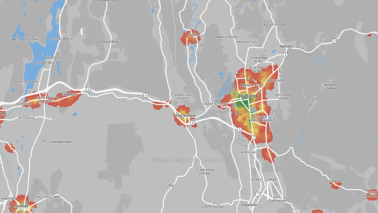 Walk Grade map of Rutland County, VT, walkable areas in green and car-dependent areas in red