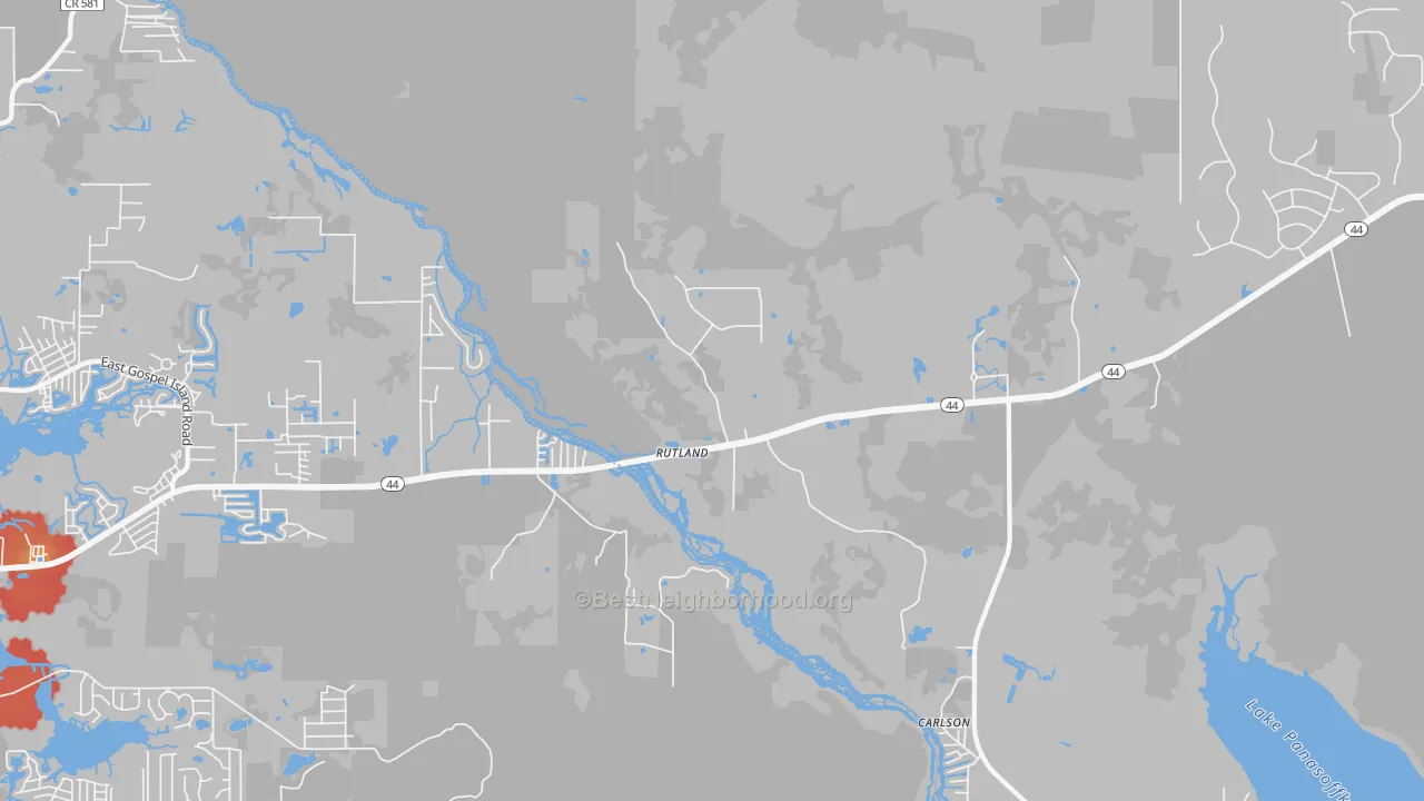 Walk Grade map of Rutland, FL, walkable areas in green and car-dependent areas in red