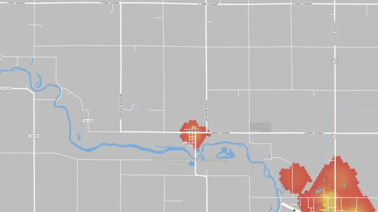 Walk Grade map of Rutland, IA, walkable areas in green and car-dependent areas in red