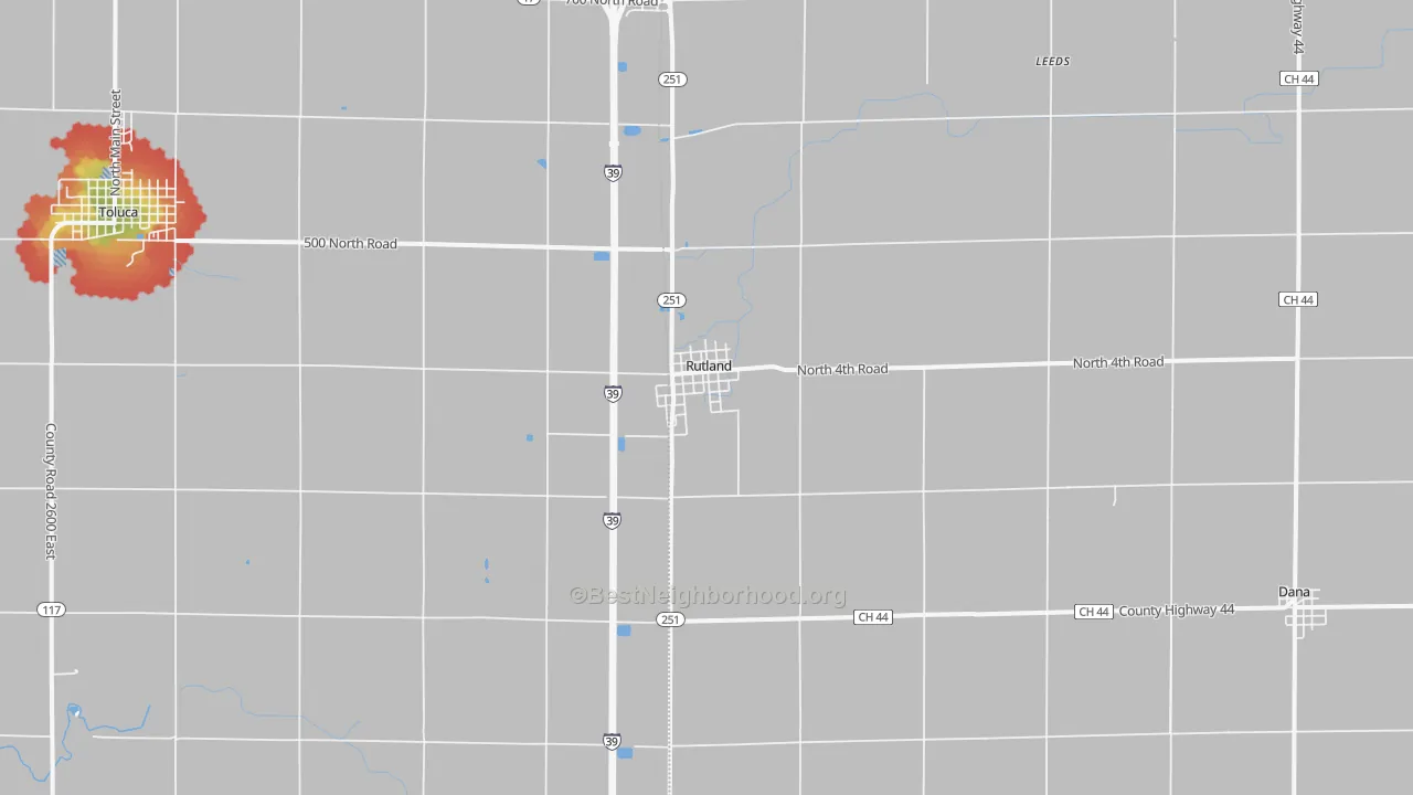 Walk Grade map of Rutland, IL, walkable areas in green and car-dependent areas in red