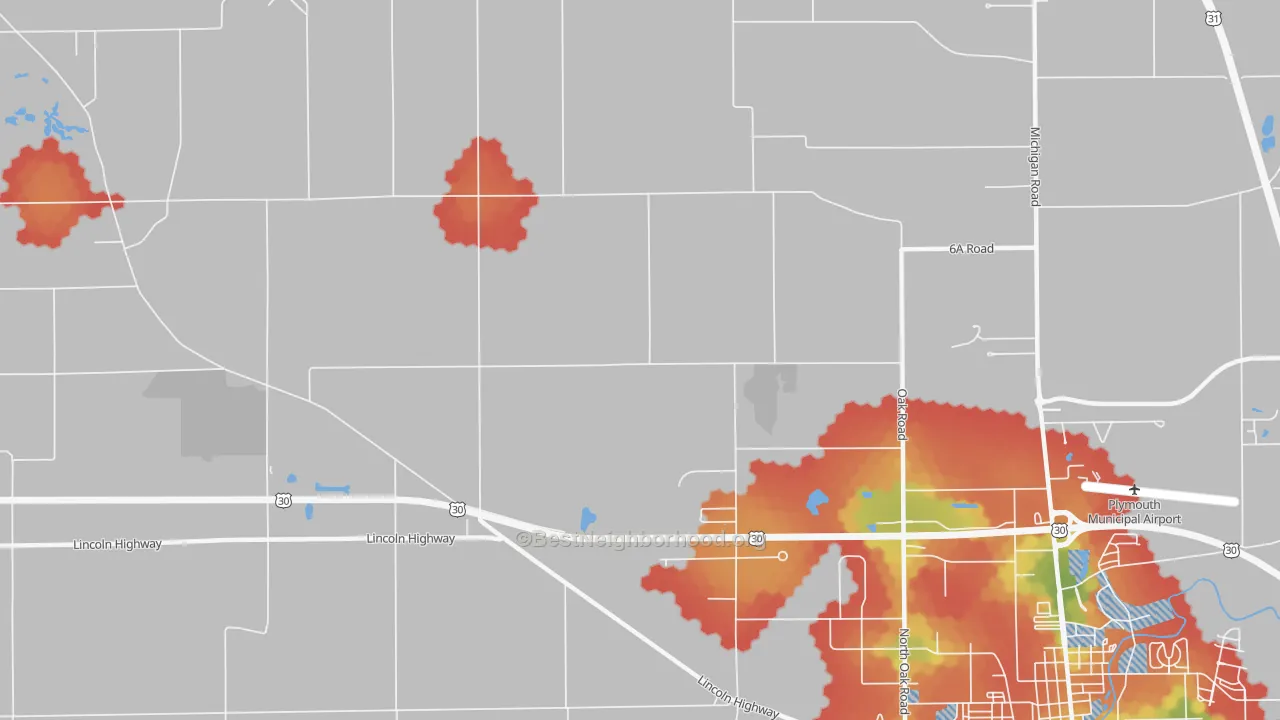 Walk Grade map of Rutland, IN, walkable areas in green and car-dependent areas in red