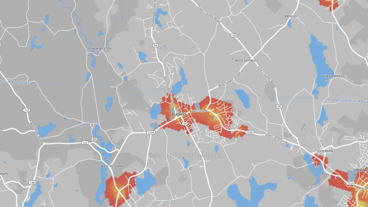 Walk Grade map of Rutland, MA, walkable areas in green and car-dependent areas in red