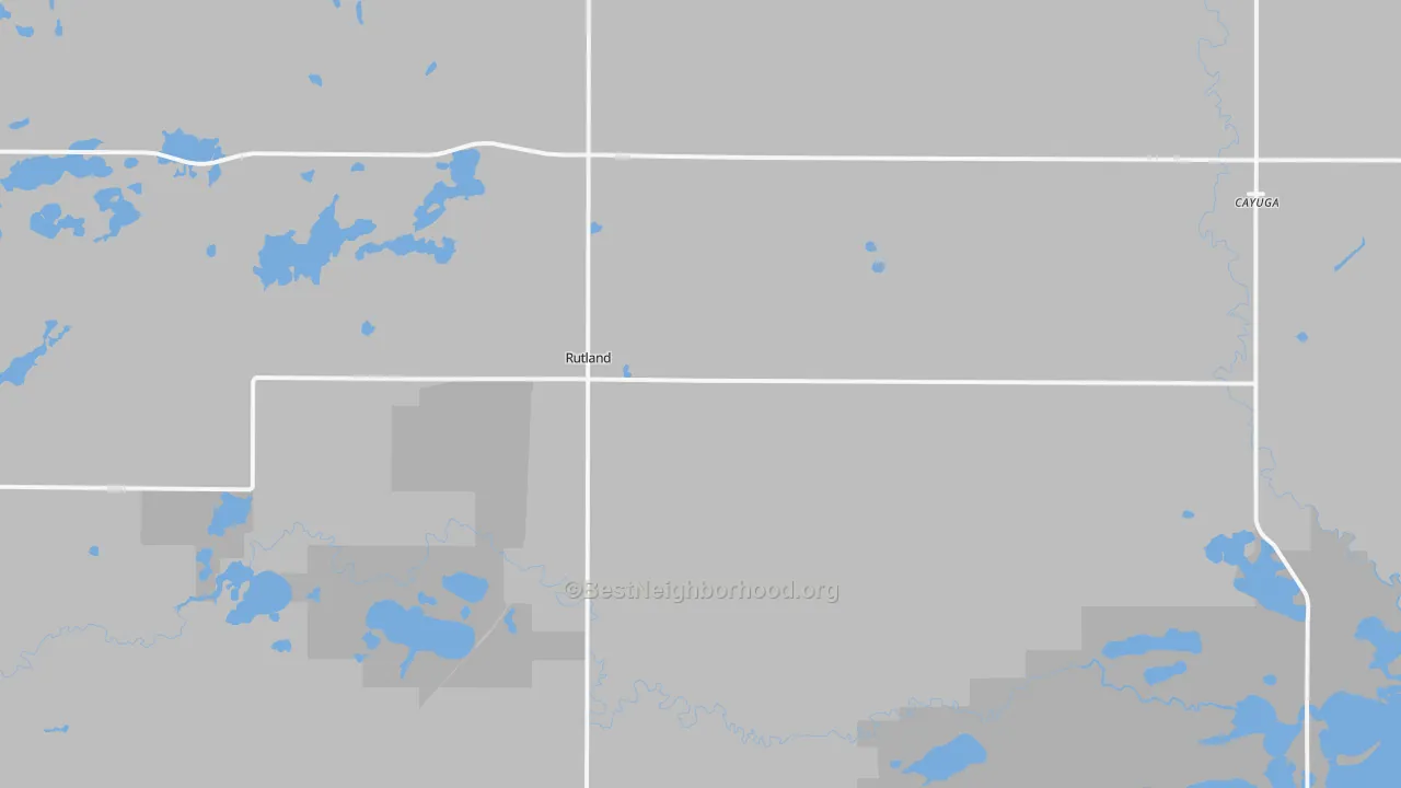 Walk Grade map of Rutland, ND, walkable areas in green and car-dependent areas in red