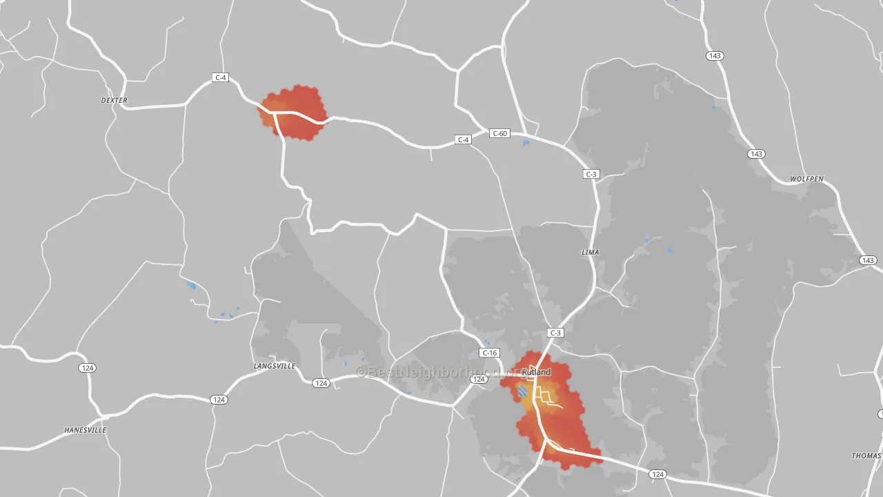 Walk Grade map of Rutland, OH, walkable areas in green and car-dependent areas in red