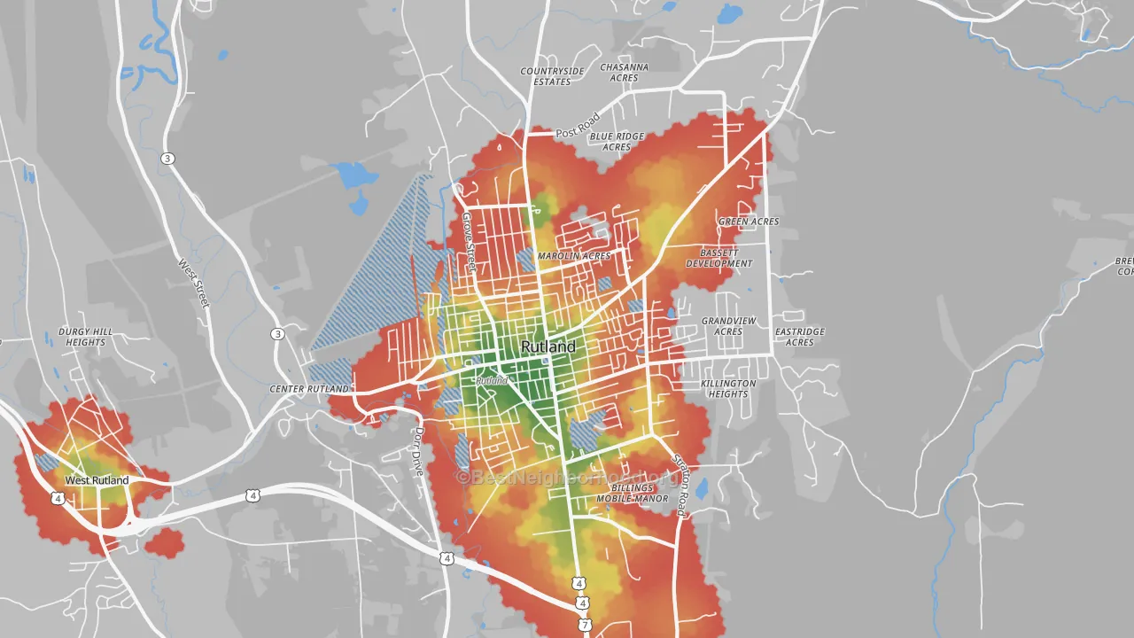 Walk Grade map of Rutland, VT, walkable areas in green and car-dependent areas in red