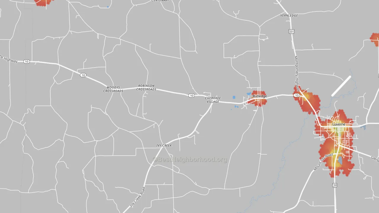 Walk Grade map of Rutledge, AL, walkable areas in green and car-dependent areas in red