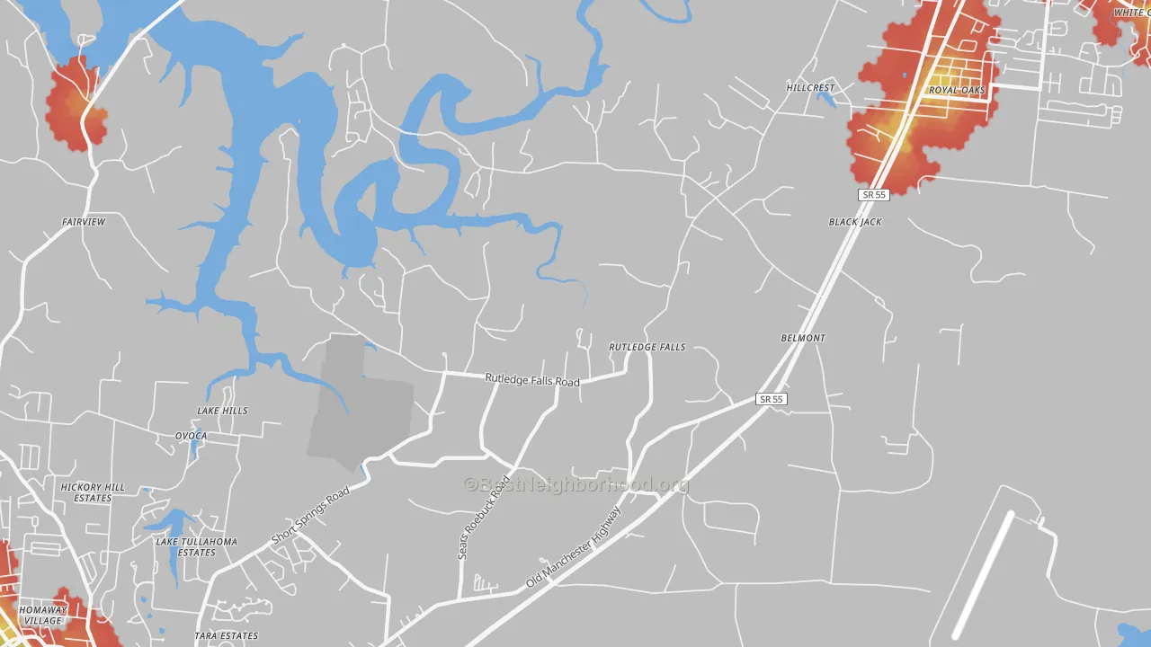 Walk Grade map of Rutledge Falls, TN, walkable areas in green and car-dependent areas in red