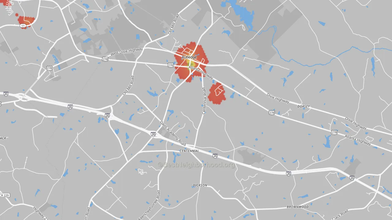Walk Grade map of Rutledge, GA, walkable areas in green and car-dependent areas in red