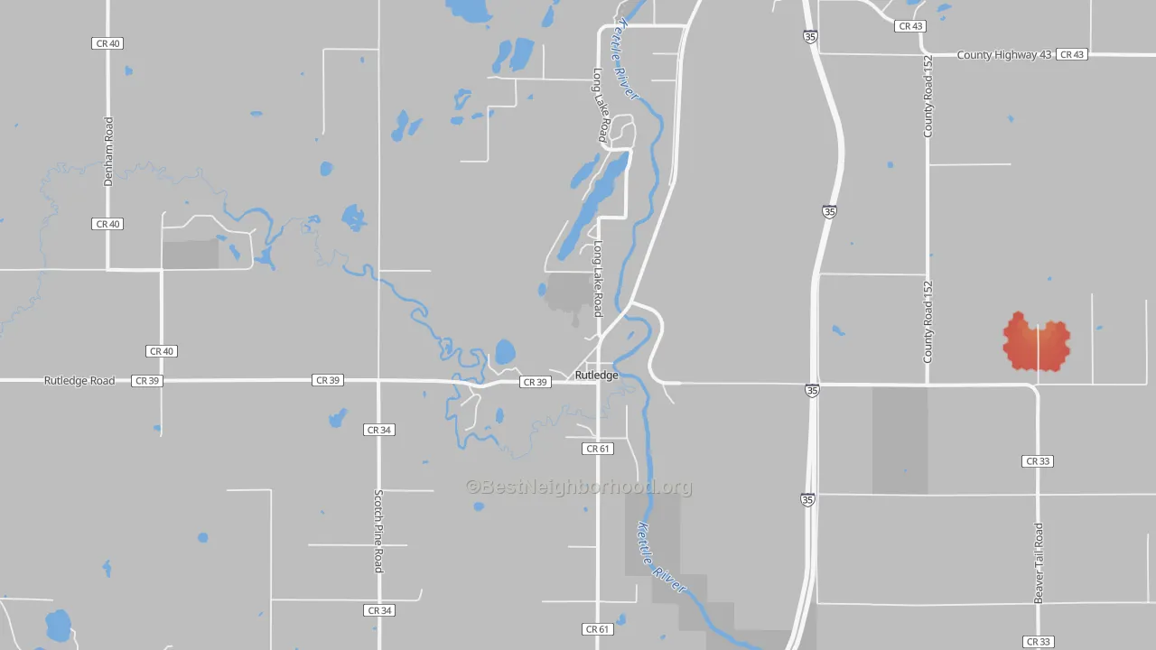 Walk Grade map of Rutledge, MN, walkable areas in green and car-dependent areas in red