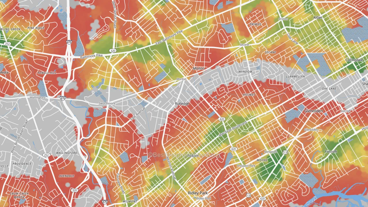 Walk Grade map of Rutledge, PA, walkable areas in green and car-dependent areas in red