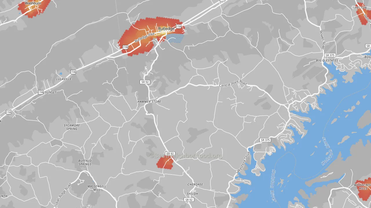 Walk Grade map of Rutledge, TN, walkable areas in green and car-dependent areas in red