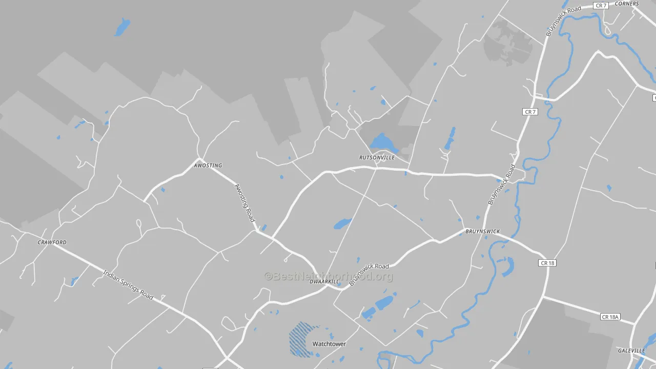 Walk Grade map of Rutsonville, NY, walkable areas in green and car-dependent areas in red