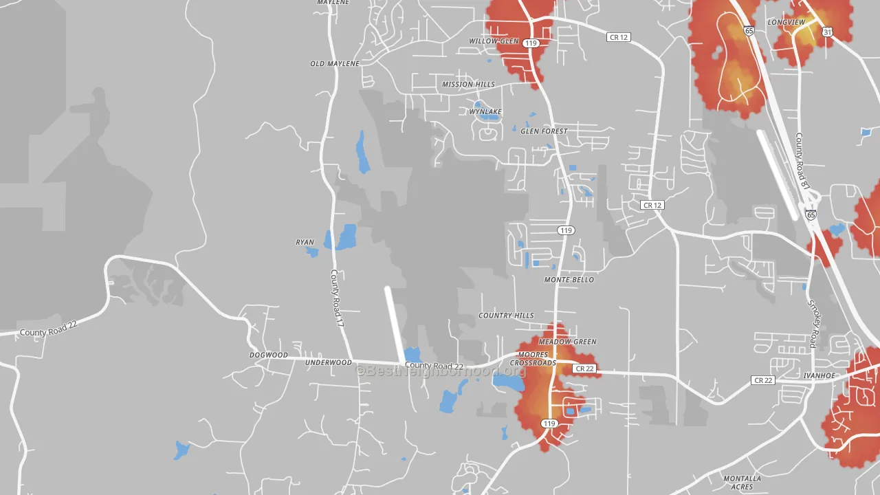 Walk Grade map of Ryan, AL, walkable areas in green and car-dependent areas in red