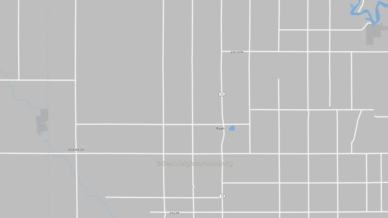 Walk Grade map of Ryan, IA, walkable areas in green and car-dependent areas in red