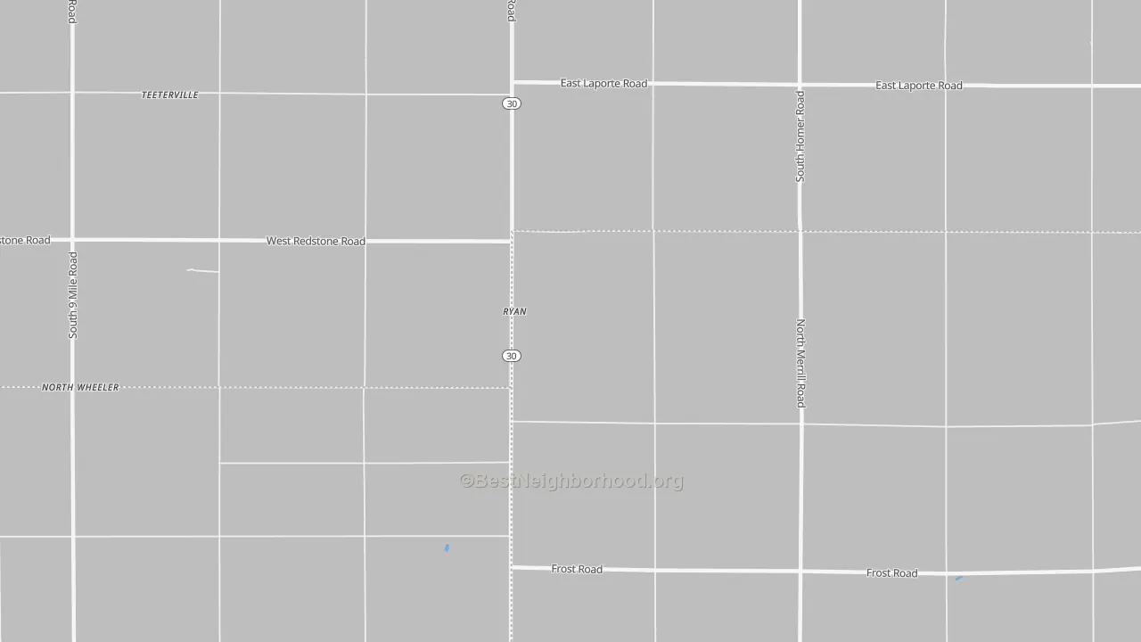 Walk Grade map of Ryan, MI, walkable areas in green and car-dependent areas in red