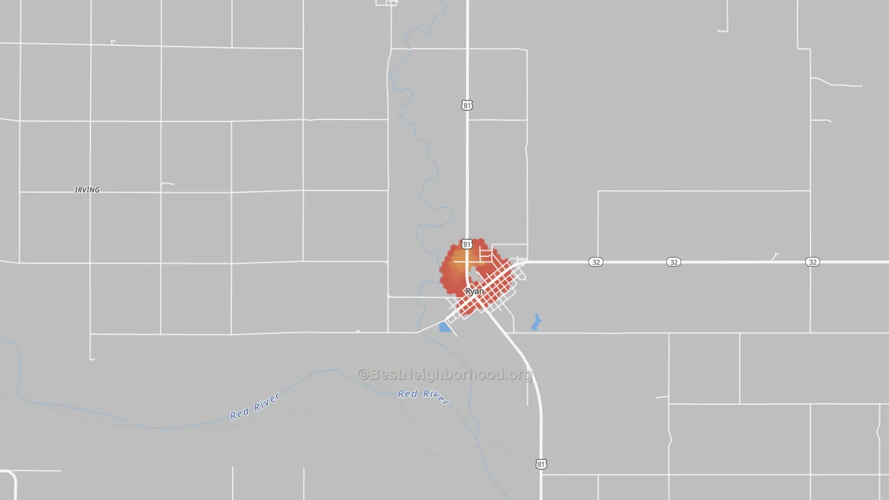 Walk Grade map of Ryan, OK, walkable areas in green and car-dependent areas in red
