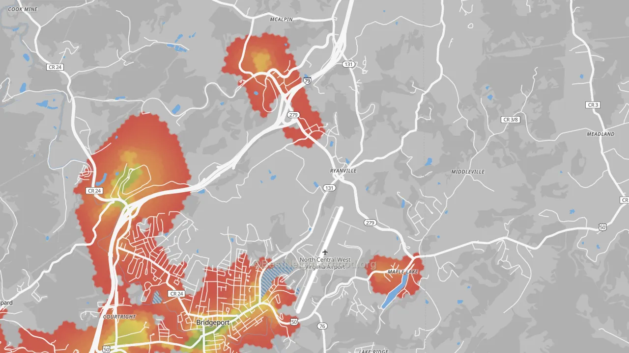 Walk Grade map of Ryanville, WV, walkable areas in green and car-dependent areas in red