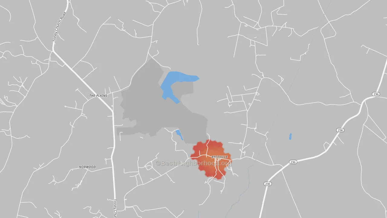 Walk Grade map of Ryceville, MD, walkable areas in green and car-dependent areas in red