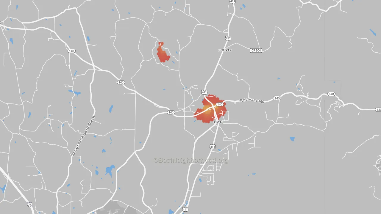 Walk Grade map of Rydal, GA, walkable areas in green and car-dependent areas in red