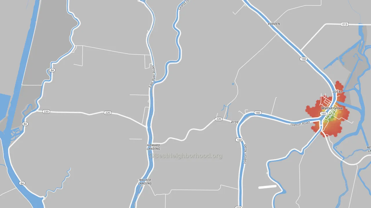 Walk Grade map of Ryde, CA, walkable areas in green and car-dependent areas in red