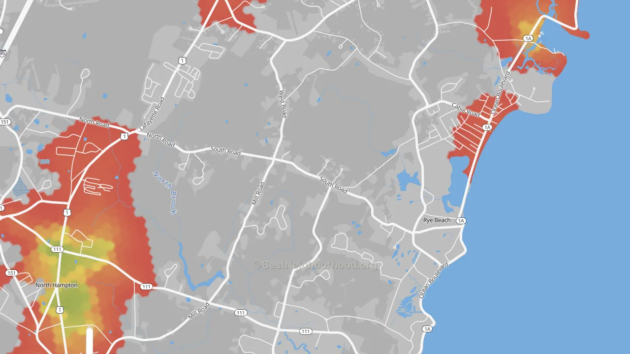 Walk Grade map of Rye Beach, NH, walkable areas in green and car-dependent areas in red