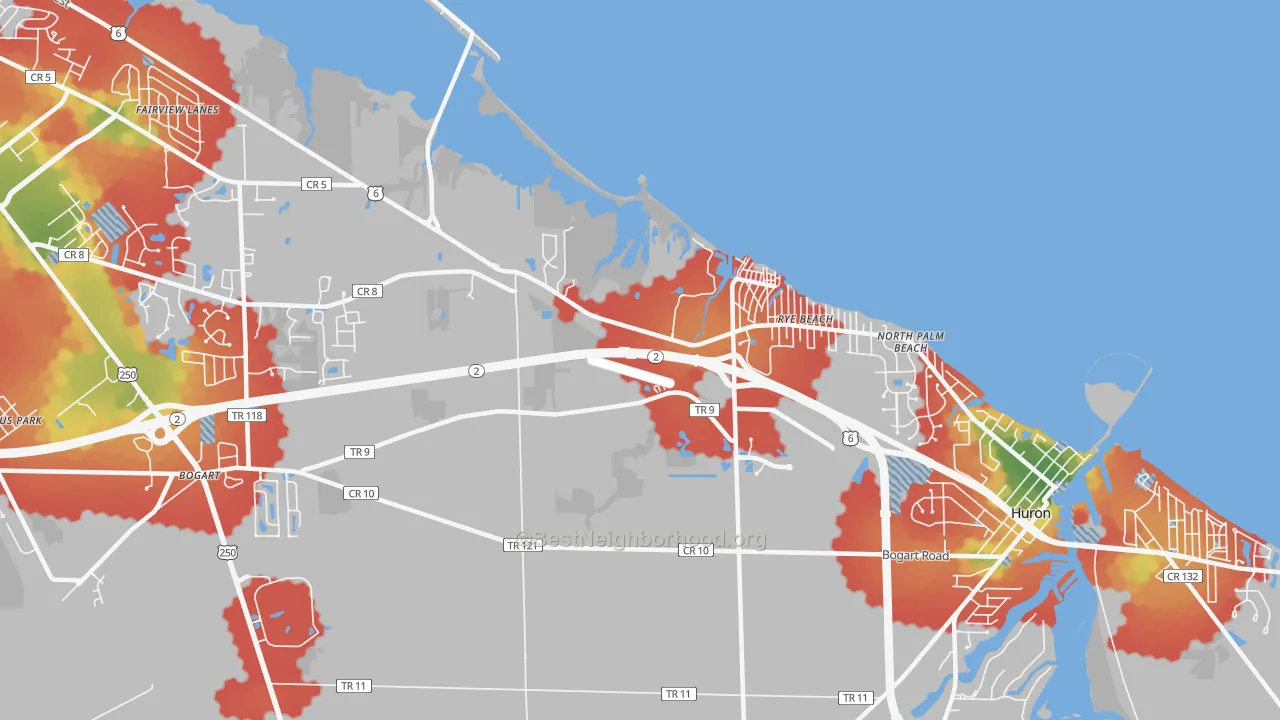 Walk Grade map of Rye Beach, OH, walkable areas in green and car-dependent areas in red