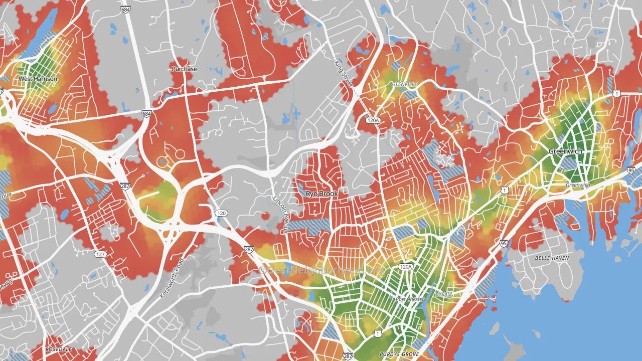 Walk Grade map of Rye Brook, NY, walkable areas in green and car-dependent areas in red
