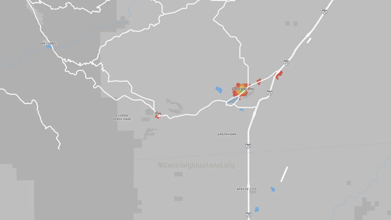 Walk Grade map of Rye, CO, walkable areas in green and car-dependent areas in red