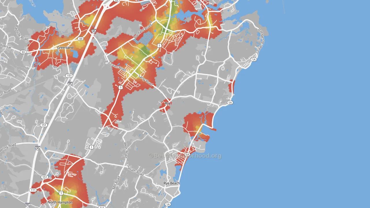 Walk Grade map of Rye, NH, walkable areas in green and car-dependent areas in red