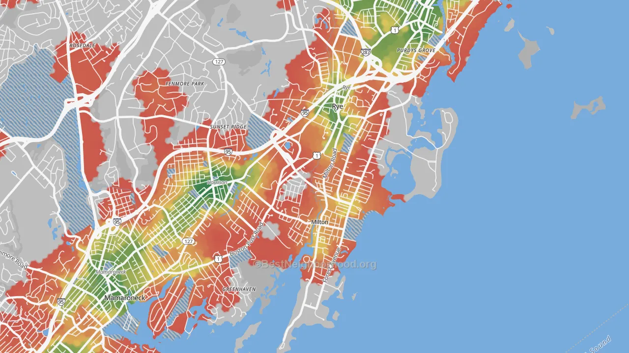Walk Grade map of Rye, NY, walkable areas in green and car-dependent areas in red