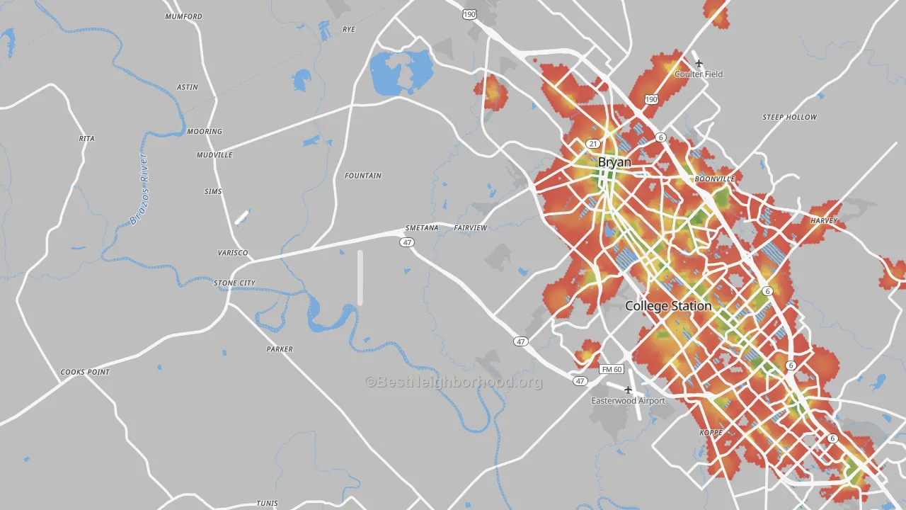 Walk Grade map of Rye, TX, walkable areas in green and car-dependent areas in red