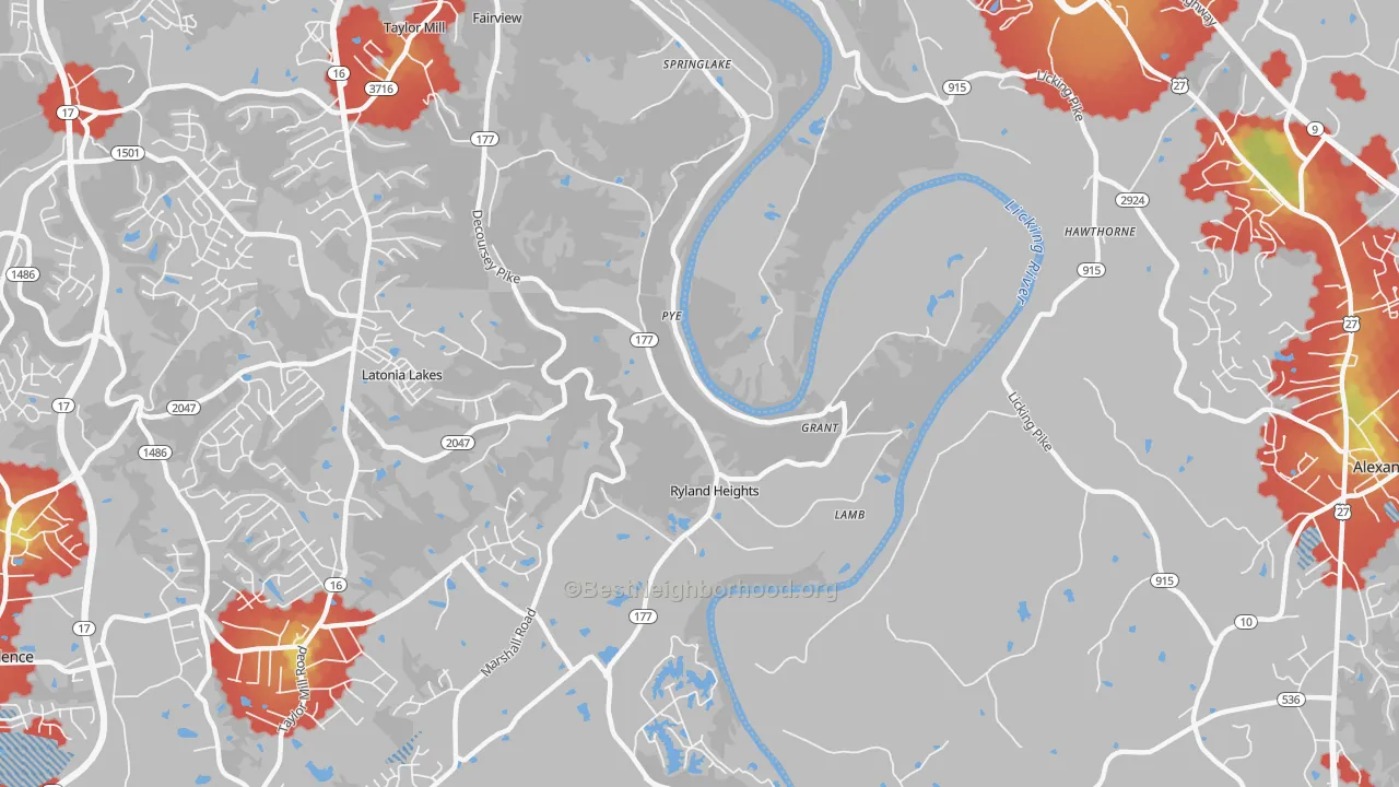 Walk Grade map of Ryland Heights, KY, walkable areas in green and car-dependent areas in red