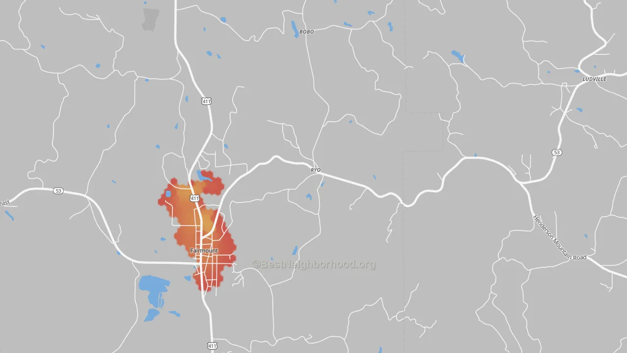 Walk Grade map of Ryo, GA, walkable areas in green and car-dependent areas in red