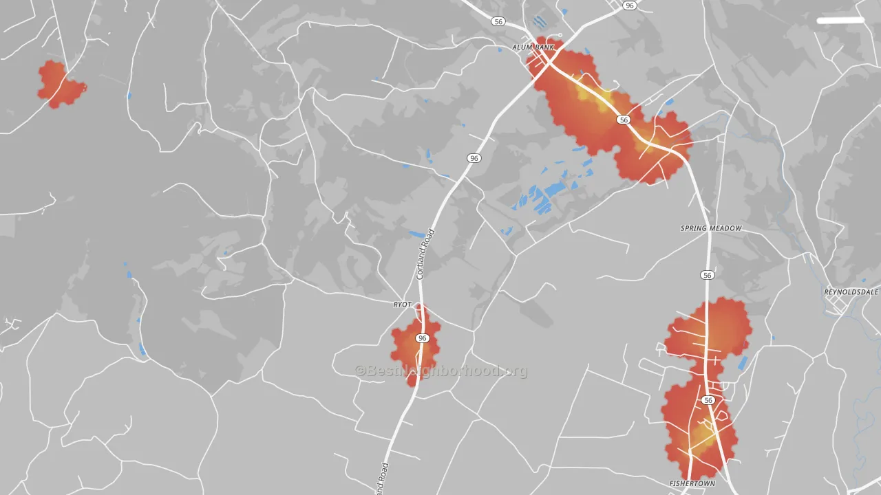 Walk Grade map of Ryot, PA, walkable areas in green and car-dependent areas in red
