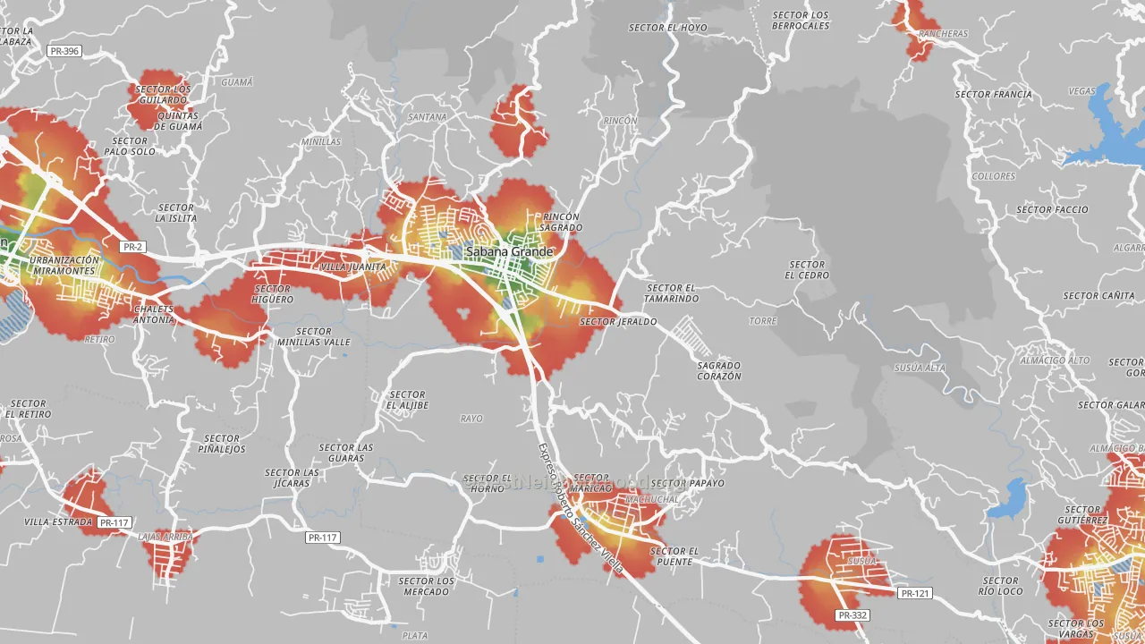 Walk Grade map of Sabana Grande Municipio, PR, walkable areas in green and car-dependent areas in red