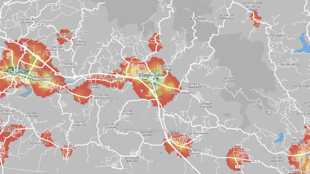Walk Grade map of Sabana Grande, PR, walkable areas in green and car-dependent areas in red