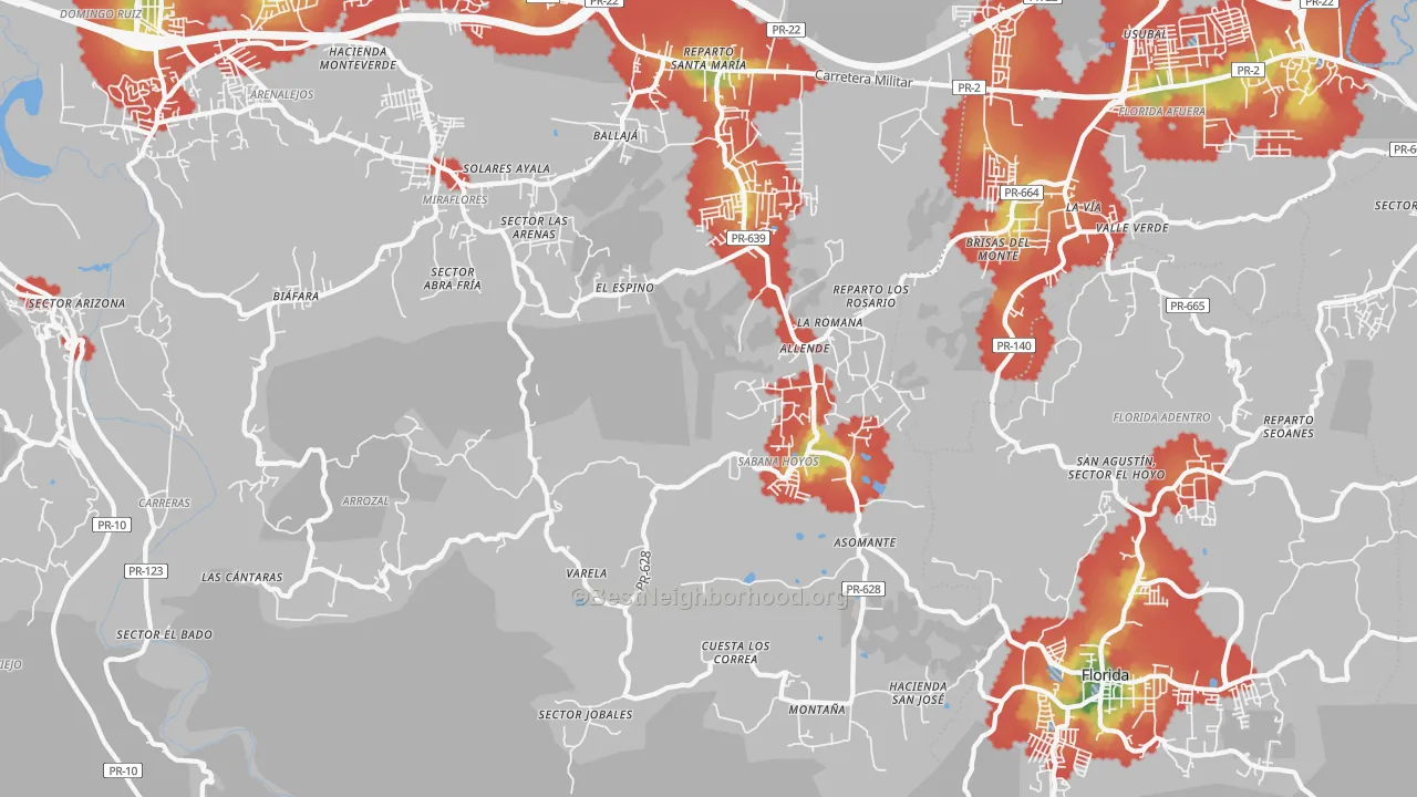 Walk Grade map of Sabana Hoyos, PR, walkable areas in green and car-dependent areas in red