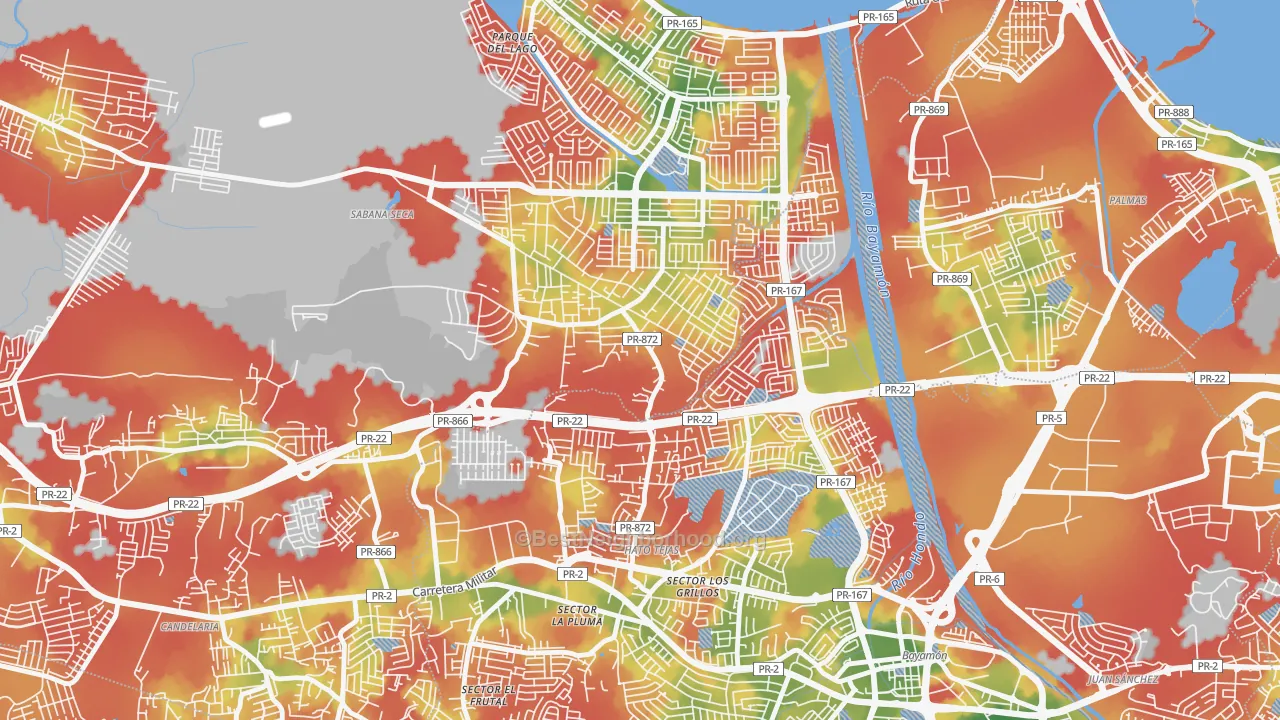Walk Grade map of Sabana Seca, PR, walkable areas in green and car-dependent areas in red