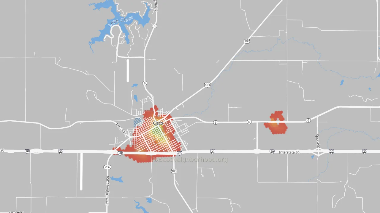 Walk Grade map of Sabanno, TX, walkable areas in green and car-dependent areas in red