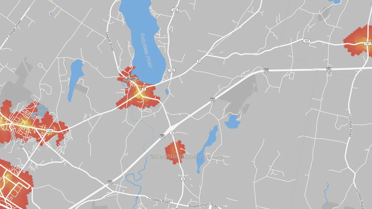 Walk Grade map of Sabattus, ME, walkable areas in green and car-dependent areas in red