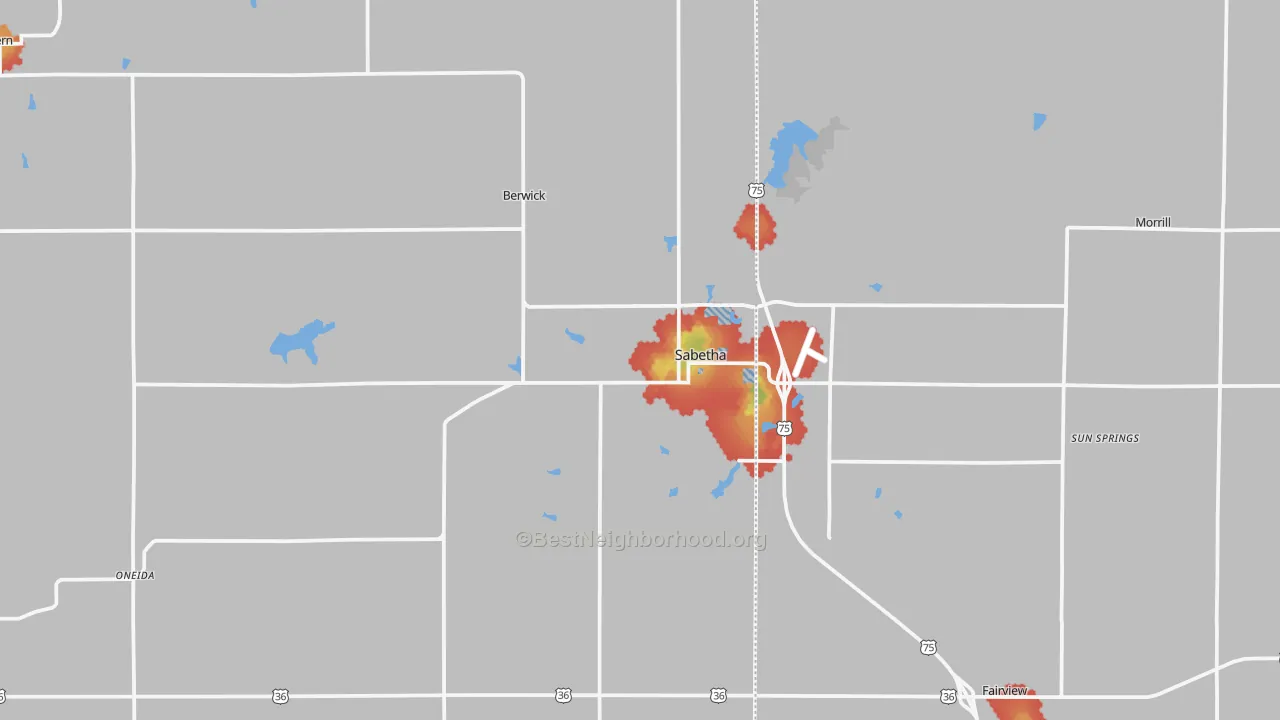 Walk Grade map of Sabetha, KS, walkable areas in green and car-dependent areas in red