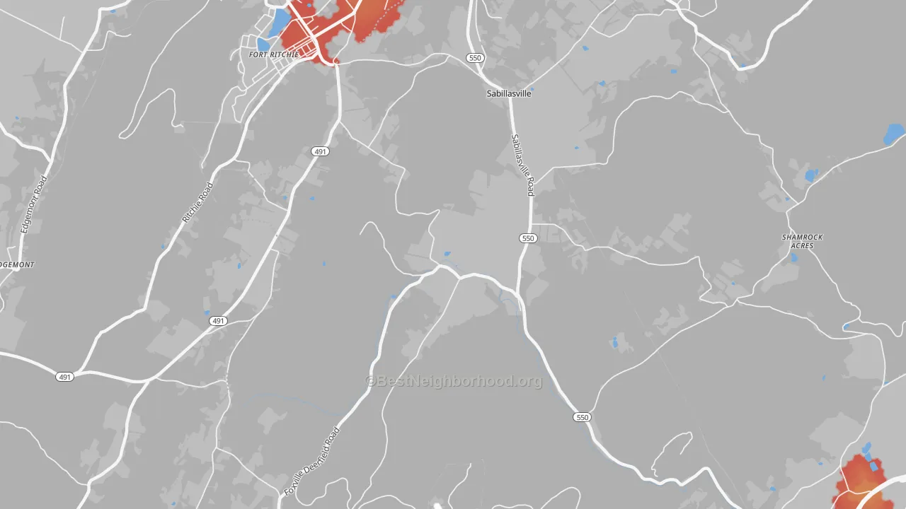 Walk Grade map of Sabillasville, MD, walkable areas in green and car-dependent areas in red