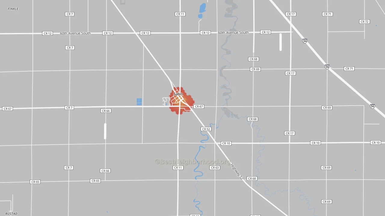 Walk Grade map of Sabin, MN, walkable areas in green and car-dependent areas in red