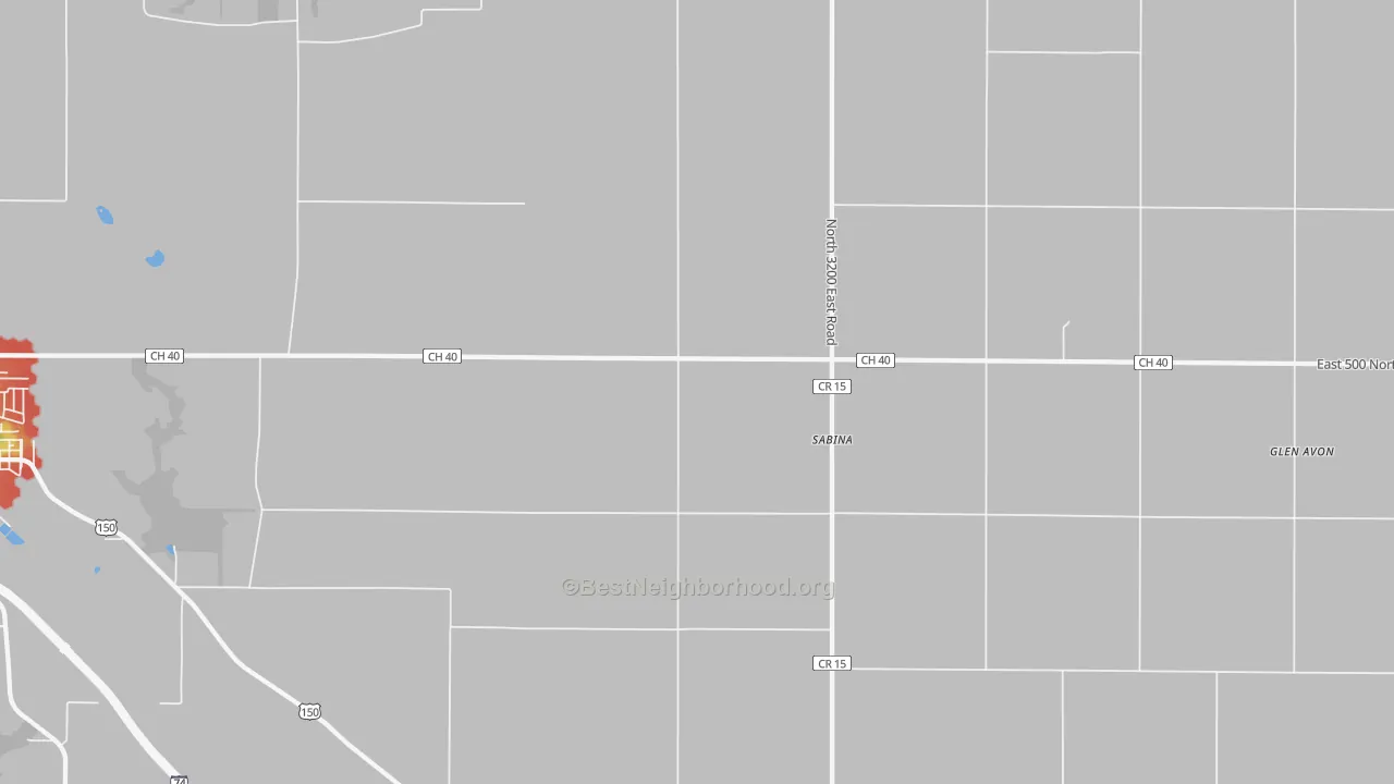 Walk Grade map of Sabina, IL, walkable areas in green and car-dependent areas in red