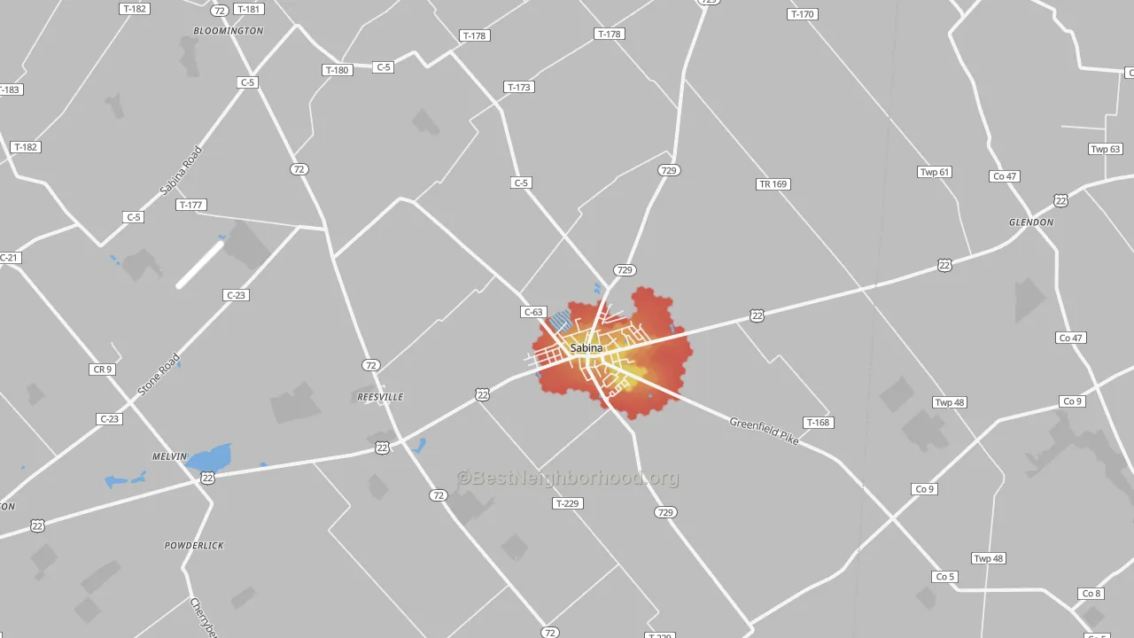 Walk Grade map of Sabina, OH, walkable areas in green and car-dependent areas in red